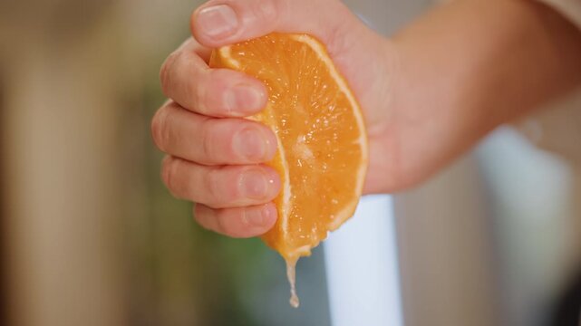 Squeezing orange into mug for morning refreshment. Capturing act of pressing orange for healthy start. Closeup of hand pressing orange wedge above mug for nutritious breakfast preparation