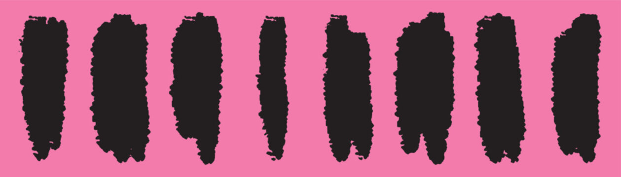 Set of 8 black grunge long vertical brush strokes, frames, isolated vector illustrations.
