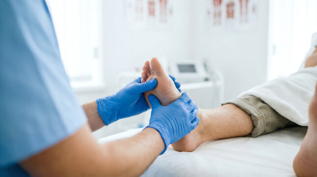 A doctor checks the patient's feet while wearing blue medical gloves. The setting is a clinical space with medical equipment nearby. The focus is on the foot examination process