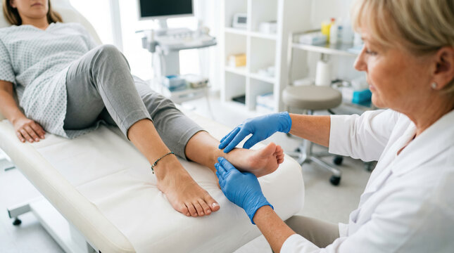 A doctor examines a patient's feet in a medical office. The patient is lying on an exam table with their feet visible. The doctor wears blue gloves and focuses on the examination