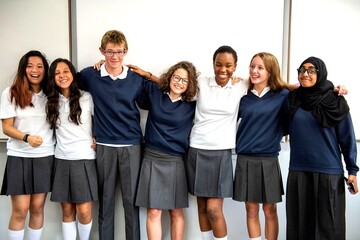Diverse students in school uniforms.