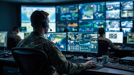 Obraz premium A military analyst sits in a control center focused on various data screens. The analyst reviews and interprets information for strategic decisions and mission support