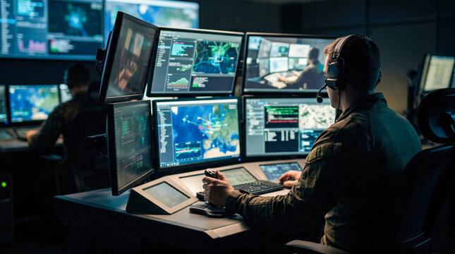A military operator sits at a control station using multiple screens to monitor data and manage operations in a dark command room during a night shift. The focus is on technology and communication
