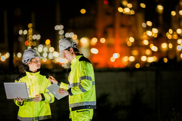 Focused factory workers analyzing digital data on site. The sharp foreground highlights the team...