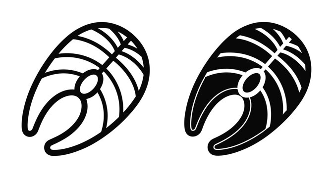 Salmon steak fish fillet icons set with outline and solid black silhouette styles for seafood restaurant menu and healthy cooking