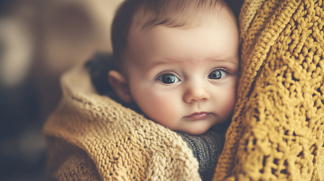 A close-up portrait of a serene baby wrapped in a cozy knitted blanket, capturing innocence and warmth.