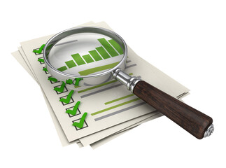 Isolated magnifying glass examining business documents with bar charts and green checklists © Aoife
