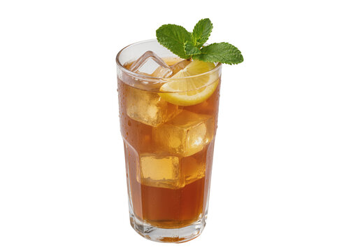 Isolated refreshing cold iced tea drink with lemon and mint leaves in a tall glass