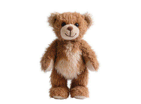 Isolated soft cuddly plush brown teddy bear standing, friendly and happy children's toy