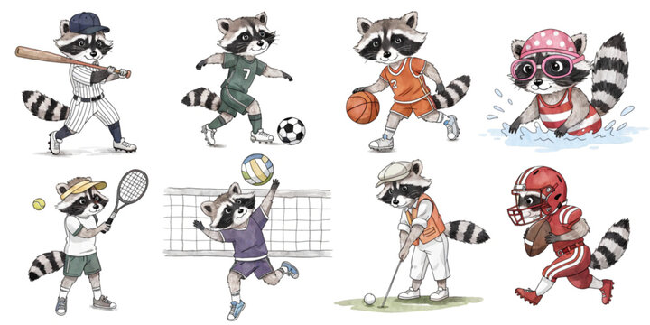 Set of funny cartoon raccoon cute animals in playful sports vector style featuring smiling characters for kids toy illustration collection	

