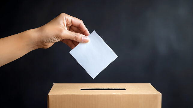 A hand placing a ballot into a box, symbolizing democratic participation and voting rights.