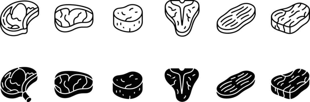 meat steak butcher cuts line icon set with beef pork lamb chop rib and raw meat pieces for grill barbecue and cooking isolated on transparent background