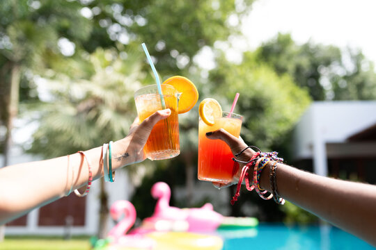 Refreshing summer drinks by poolside.