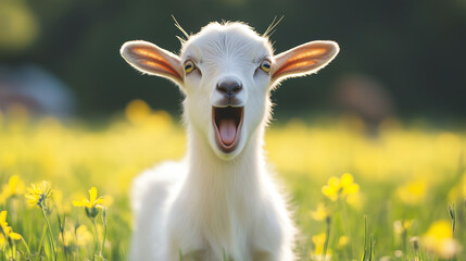Obraz premium A joyful goat standing in a vibrant field of flowers, showcasing its playful expression and lively spirit.