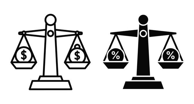 Financial balance scale icons showing dollar currency and percentage interest rates for banking investment tax and economic justice comparison concepts
