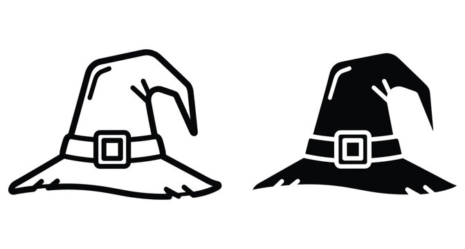 Witch hat icon set featuring outline and solid silhouette styles for Halloween party decorations spooky magic and wizard costume designs