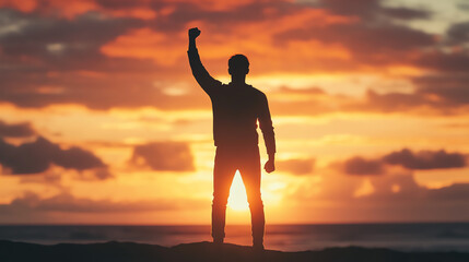 Fototapeta premium A silhouette of a person celebrating triumph against a backdrop of a stunning sunset over the ocean.