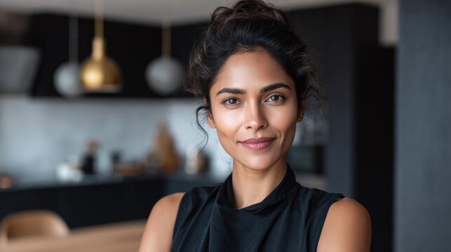 Portrait of a beautiful woman with a warm smile in a modern kitchen setting