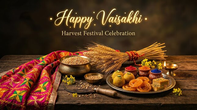 Happy Vaisakhi Celebration Still Life with Wheat and Punjabi Sweets