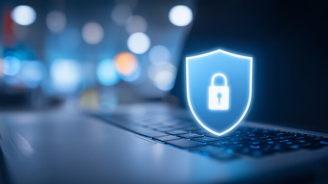 Shield icon above a laptop keyboard, representing online security, protected access, and digital privacy for connected devices.
