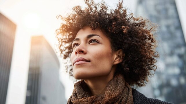 Woman looks up with hope in a city setting with modern architecture