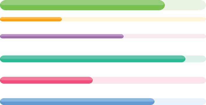 Progress Bars in Color: Vibrant colored progress bars indicating the status or completion of various tasks or processes, offering a visual representation of progression and accomplishment. 