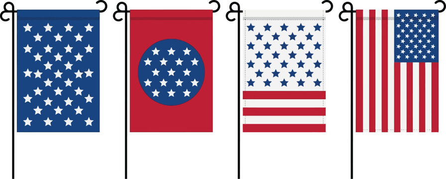 Four small garden flags showcase varied American flag designs and historical motifs on poles.