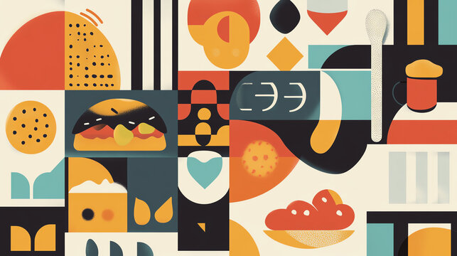 A vibrant collage featuring various food items and abstract shapes in an artistic style.