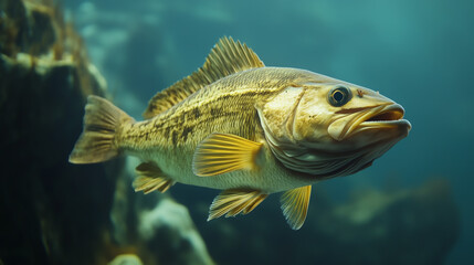 Fototapeta premium A vibrant freshwater fish swimming gracefully underwater, showcasing its detailed scales and unique features.