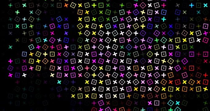 Animation presents a display of colorful shapes moving in four sections. Each section shows different patterns and designs over time