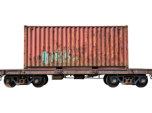 Isolated old rusty intermodal cargo container on a railway flatcar for freight transport