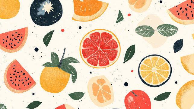 A vibrant pattern featuring various fruit slices, including watermelon, orange, and grapefruit, on a light background.