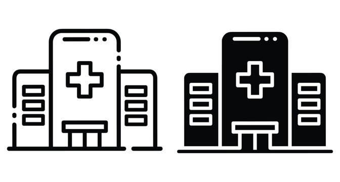 Hospital building icon set with medical cross symbol representing healthcare clinic emergency room infirmary and medicine facility architecture in vector style