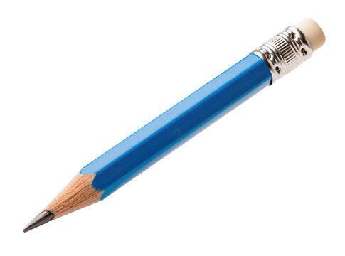 Isolated blue wooden pencil with sharpened graphite tip and eraser for school and office supplies