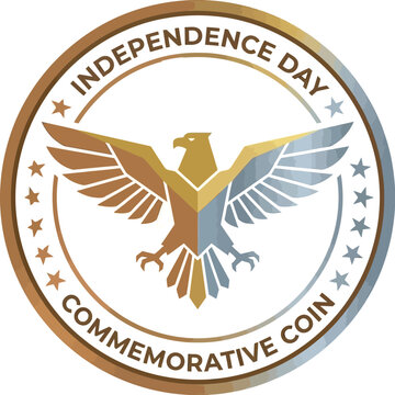 A stylized commemorative coin features a geometric bald eagle design with metallic gold and silver tones.