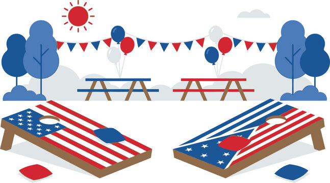 Two patriotic cornhole boards featuring American flag designs are set up for an outdoor picnic party in a park setting.