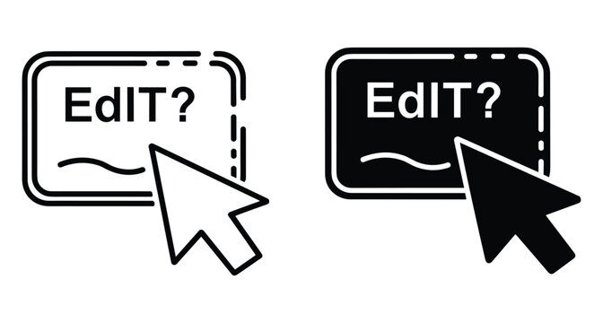 Edit button icon set with mouse cursor arrow clicking on rectangular box containing text and question mark symbol for interface