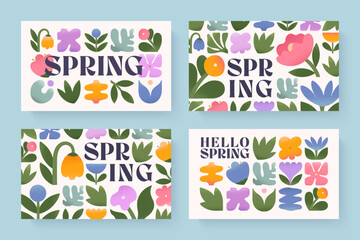 Fototapeta premium Modular spring design set with block floral elements,bold organic shapes,botanical forms.Geometric hand drawn abstract flowers,leaves and plants with soft grain texture for banners,prints,branding