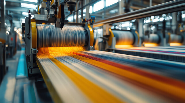 Close-up view of an industrial printing machine, showcasing colorful paper being pushed through in a factory environment.