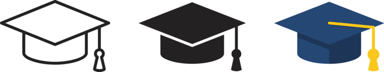 graduation cap mortarboard icon set in outline solid and color styles for education university diploma and academic achievement isolated on transparent background