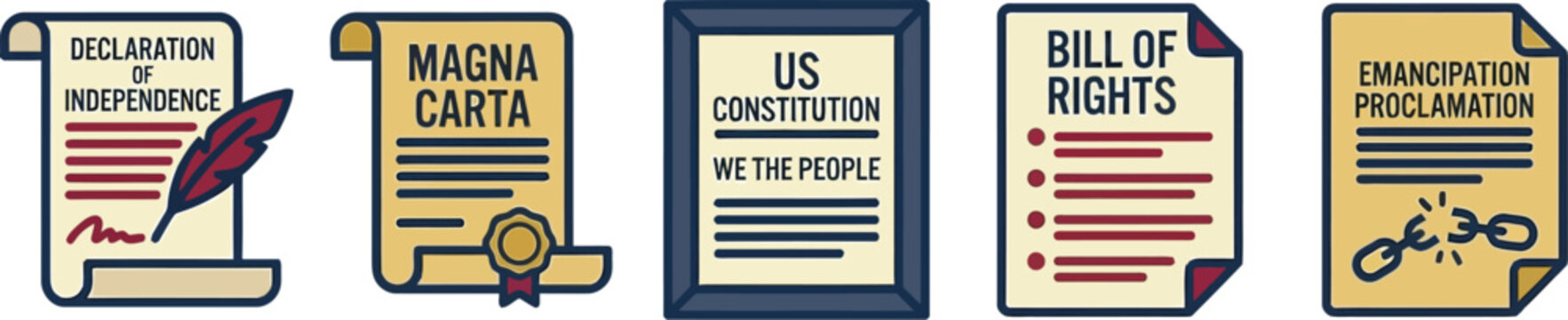 Historical documents including the Magna Carta, Constitution, and Declaration of Independence are displayed as icons.
