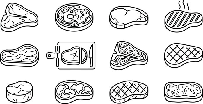 meat steak butcher cuts line icon set with beef pork lamb chop rib grilled steak and raw meat pieces for barbecue cooking and food design isolated on transparent background