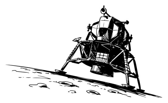 Lunar module landing on moon surface, Apollo space mission moon lander sketch, astronomy cosmic exploration illustration vector