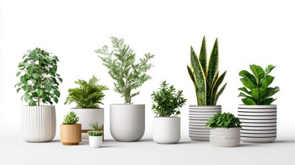 Fototapeta premium Assortment of healthy green houseplants in modern decorative pots on a white background