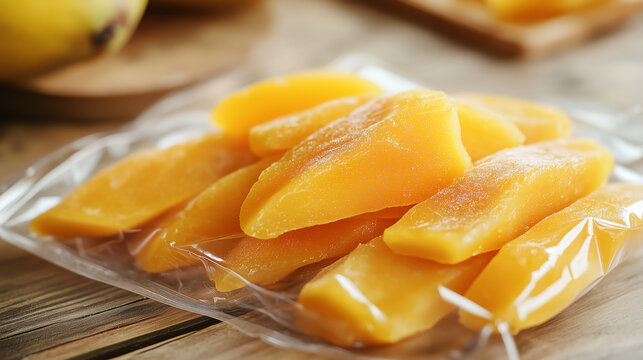Deliciously packaged mango slices on wooden table, perfect for snacking or culinary creations.