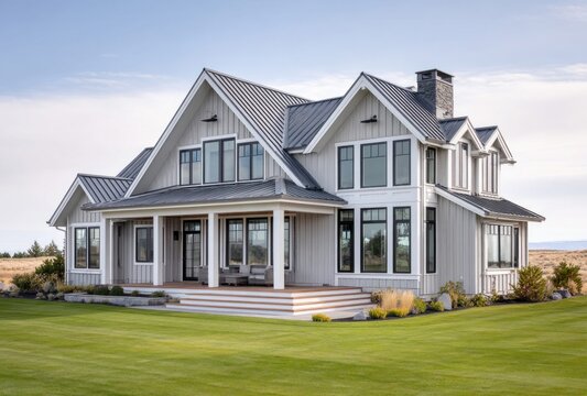 Modern farmhouse with gray siding and a metal roof sits on a lush green lawn