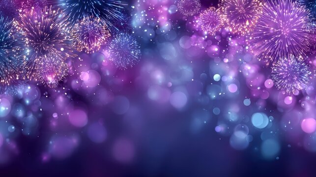 Vibrant purple and blue fireworks explode against a bokeh background, celebrating a special occasion