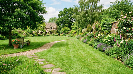 Fototapeta premium English Cottage Garden With Winding Pathway, Manicured Lawn, Flower Borders and Wooden Bench