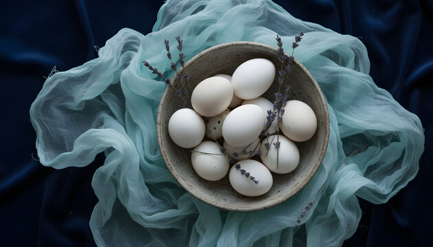 Easter banner with painted eggs and napkin on dark blue backround. Top view, flat lay with copy space.
