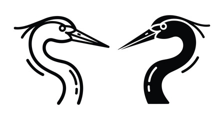 Fototapeta premium Minimalist heron head vector icons featuring black and white crane silhouettes with long beaks and curved necks for nature logos